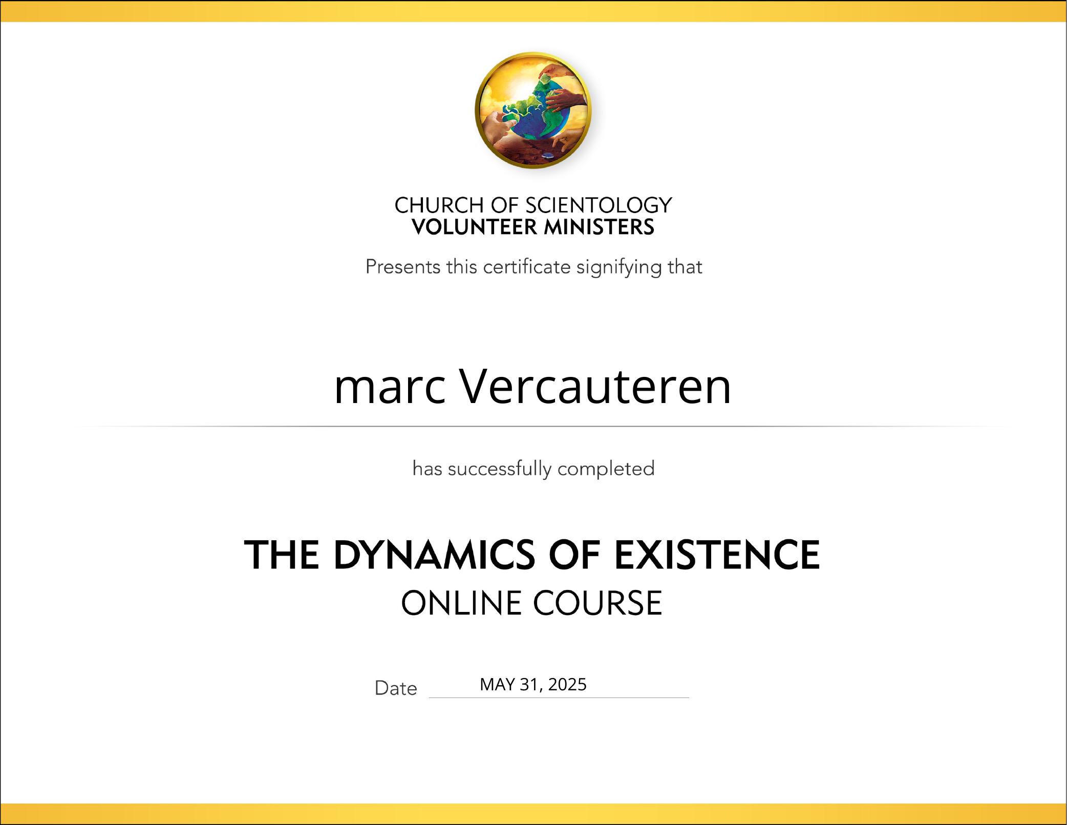 Certificaat De dynamieken van het bestaan — Volunteer Ministers