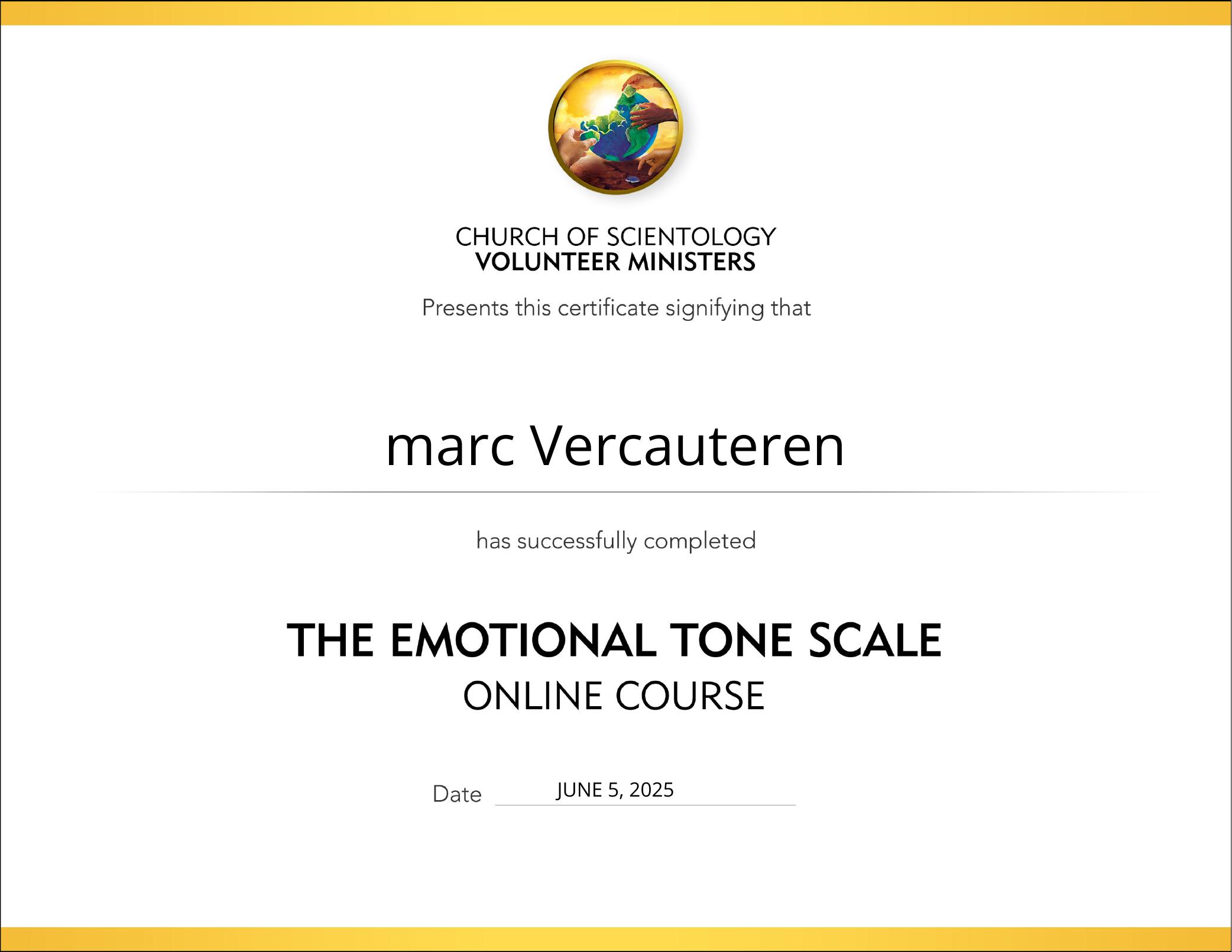 Certificaat De emotionele toonschaal — Volunteer Ministers