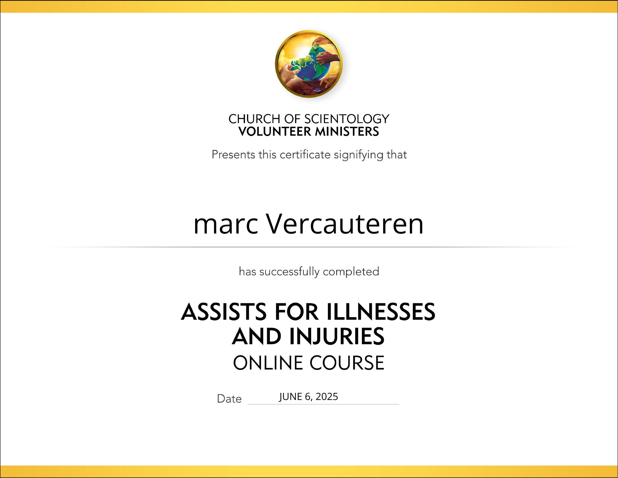 Certificaat Assists bij ziekte en letsel — Volunteer Ministers