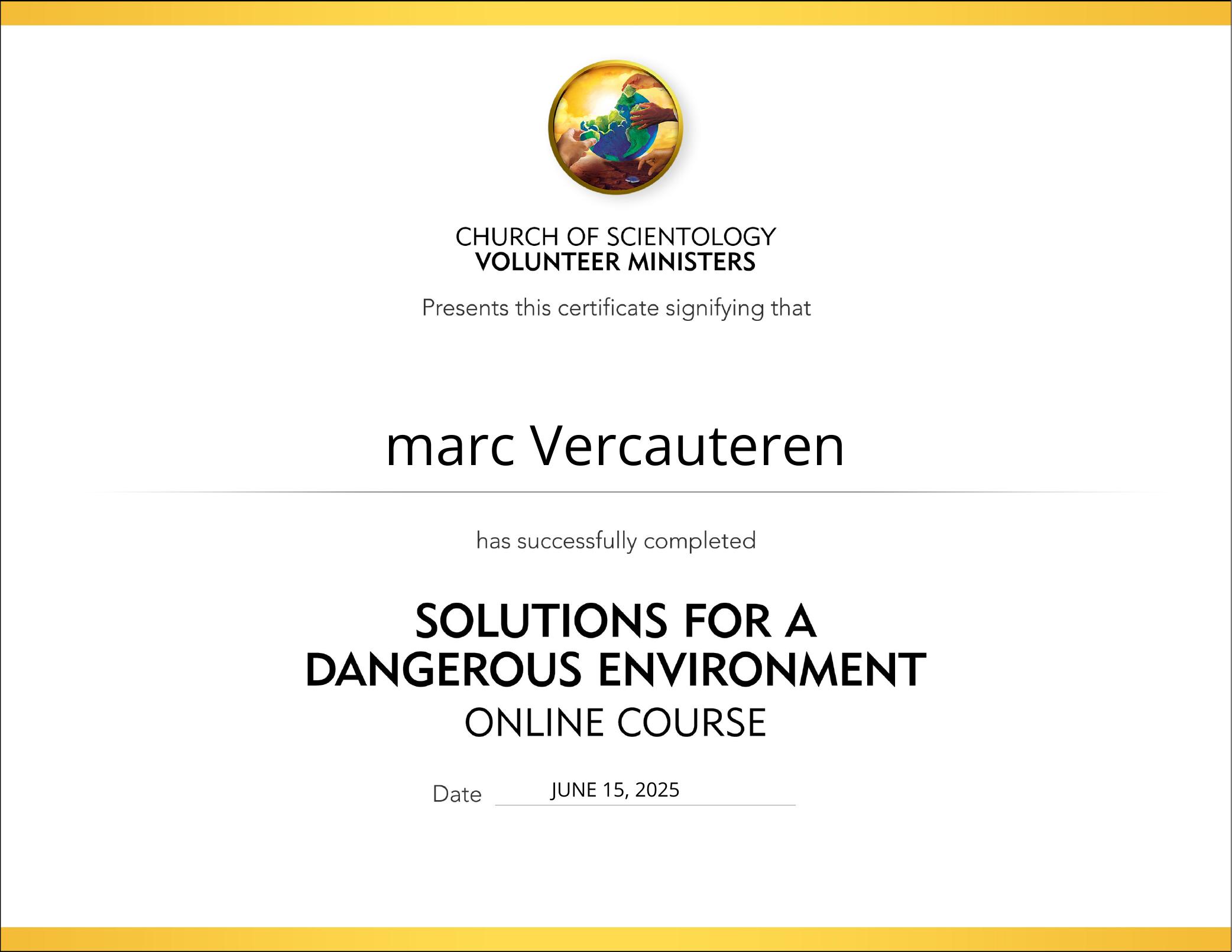 Certificaat Oplossingen voor een gevaarlijke omgeving — Volunteer Ministers