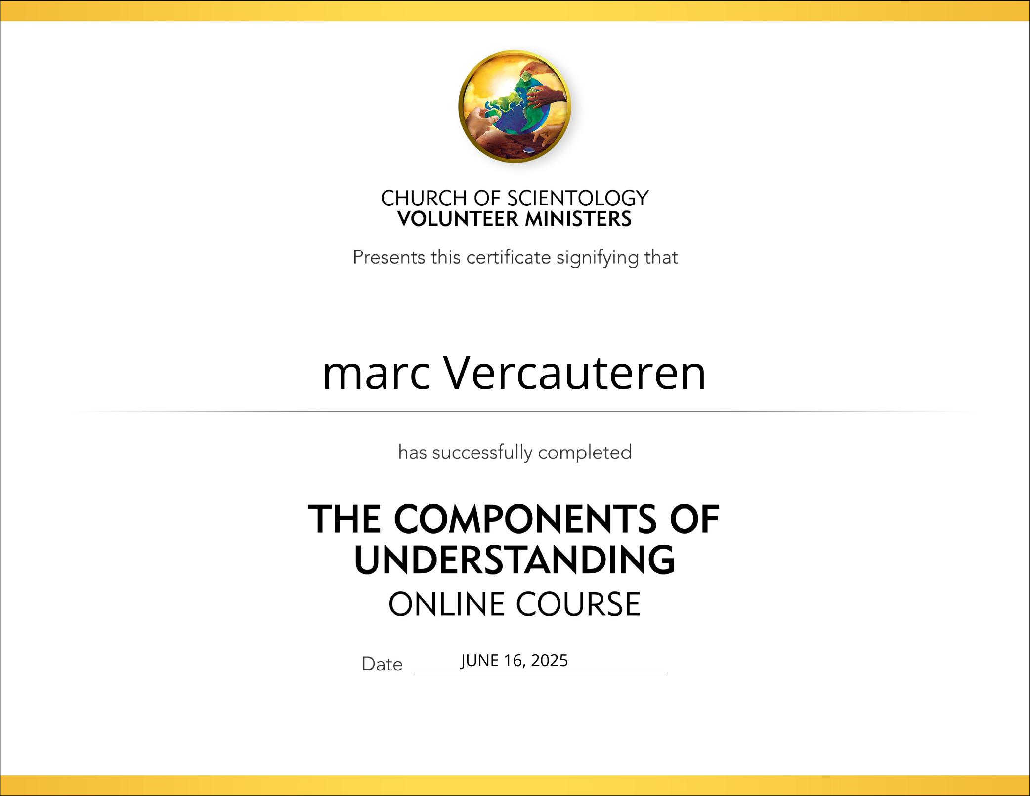 Certificaat De componenten van begrip — Volunteer Ministers